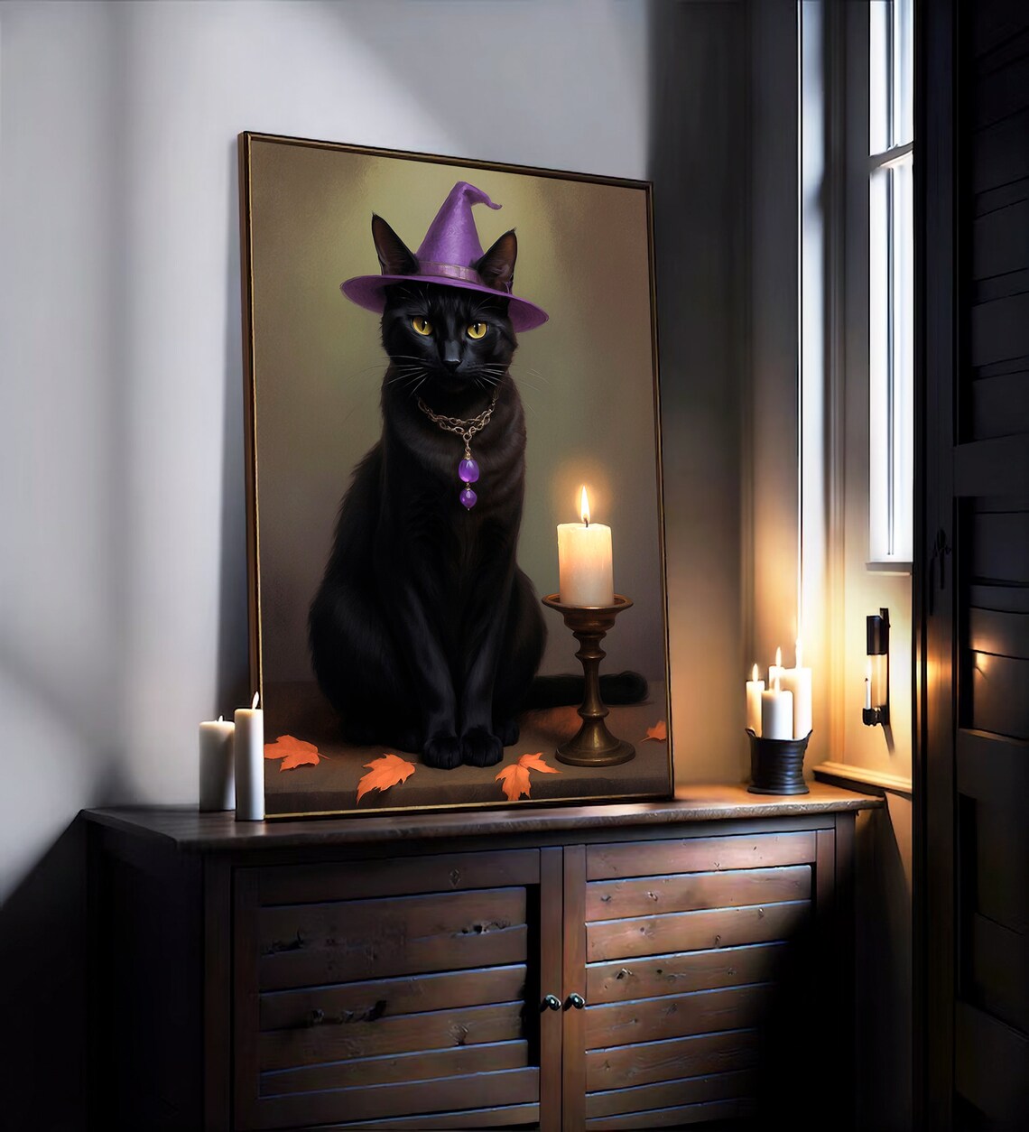 Black Cat Wearing Purple Witch Hat With Candle Halloween Portrait Painting Poster - Image 3