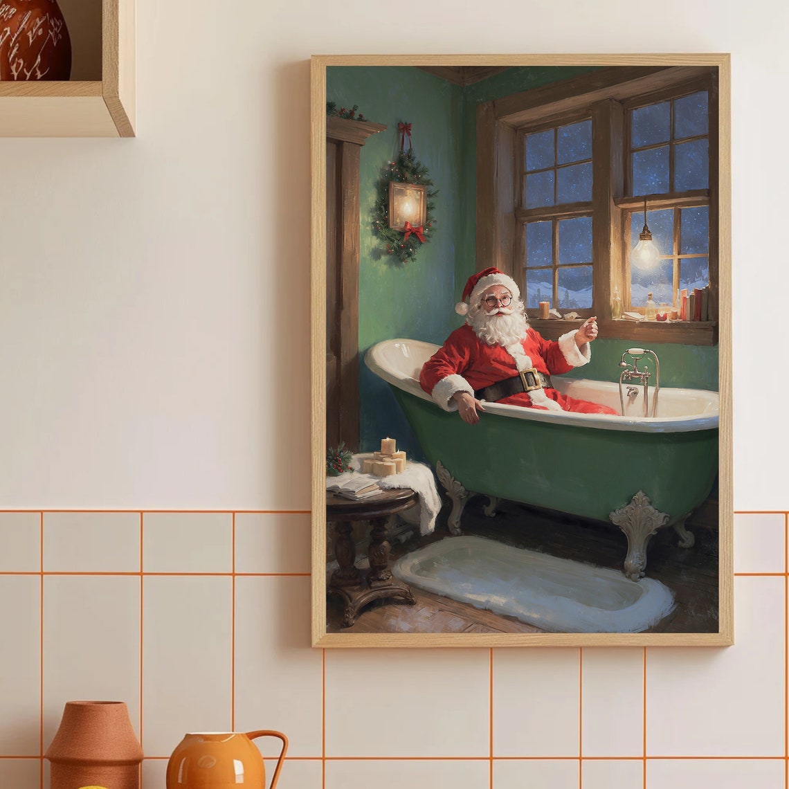 Santa Claus In Bathtub Painting Print Christmas Wall Art Funny Bathroom Wall Art Vintage Christmas Poster Festive Holiday Home Decor - Image 4