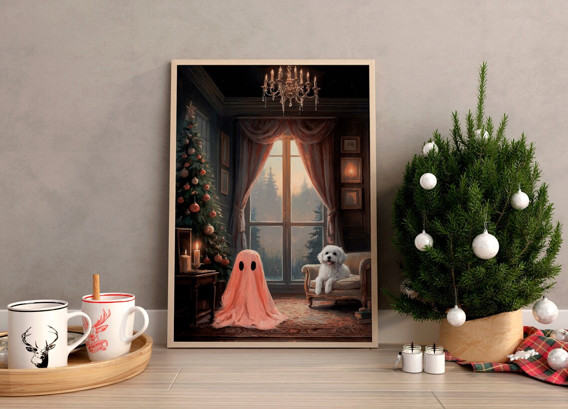 Pink Ghost and White Dog in Cozy Christmas Living Room Print - Image 2