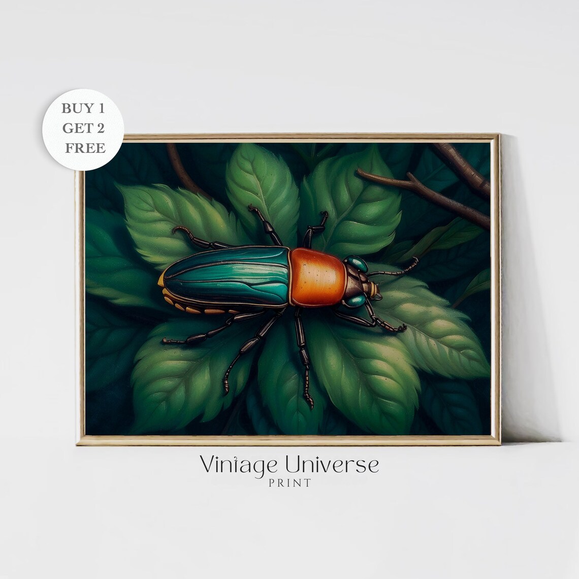 Iridescent Jewel Beetle on Green Leaves Entomology Art Print