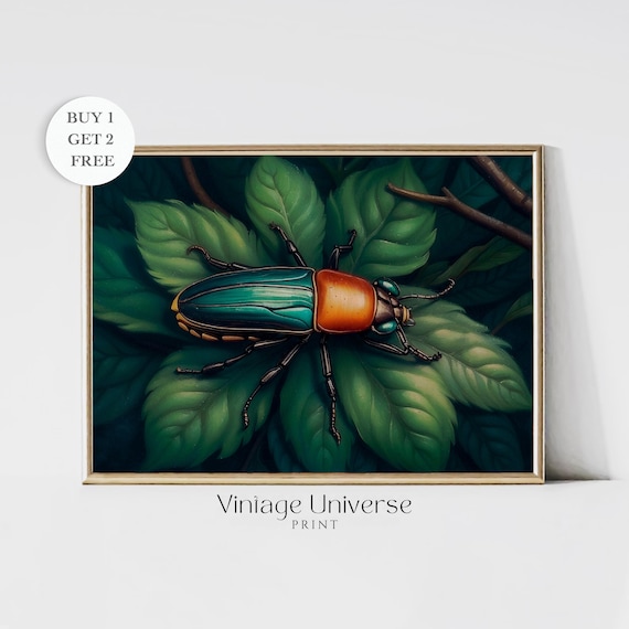 Iridescent Jewel Beetle on Green Leaves Entomology Art Print