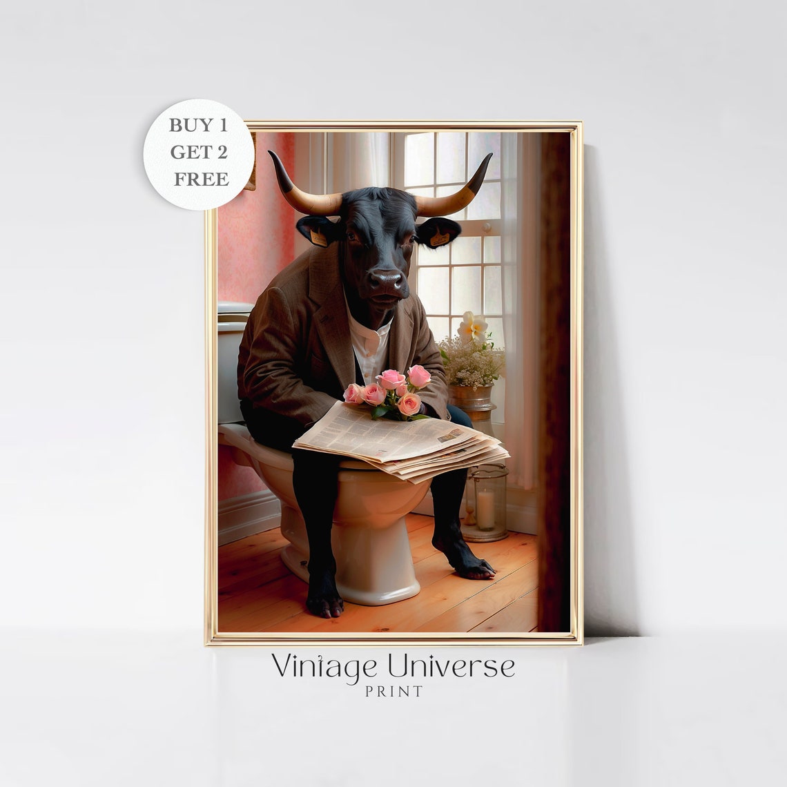 Dapper Longhorn Bull In Blazer Reading On Toilet Funny Poster