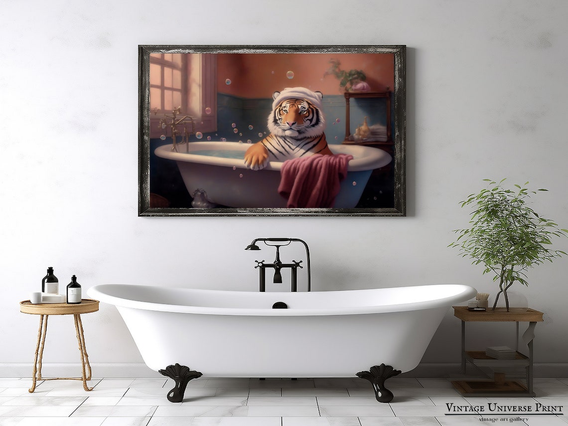 Tiger in a Bubble Bath Wearing a White Towel Turban Funny Bath Poster - Image 3