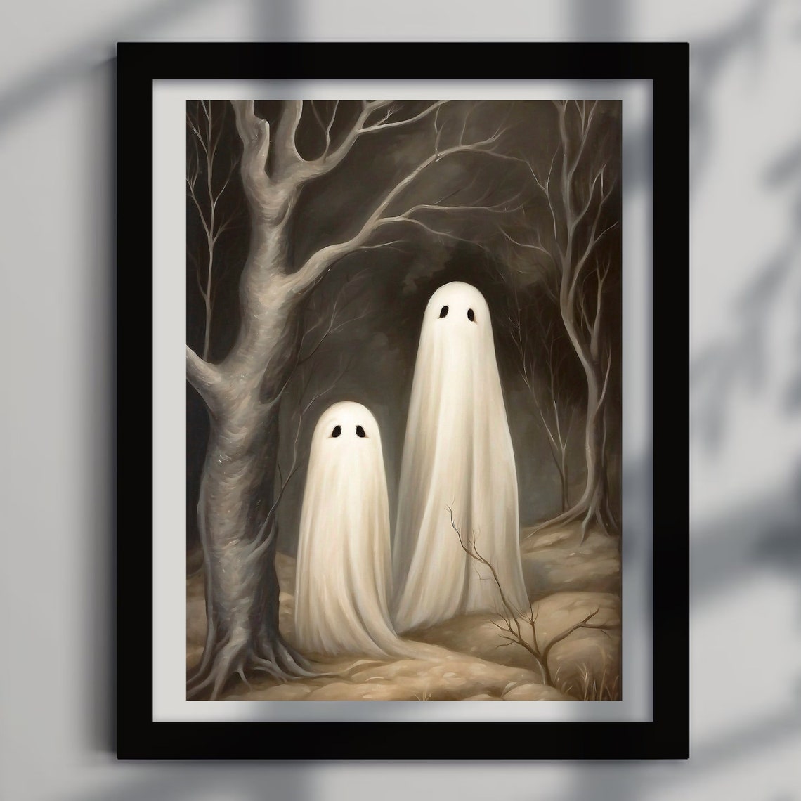Two Ghosts In A Dark Moody Forest With Bare Trees Halloween Poster - Image 4