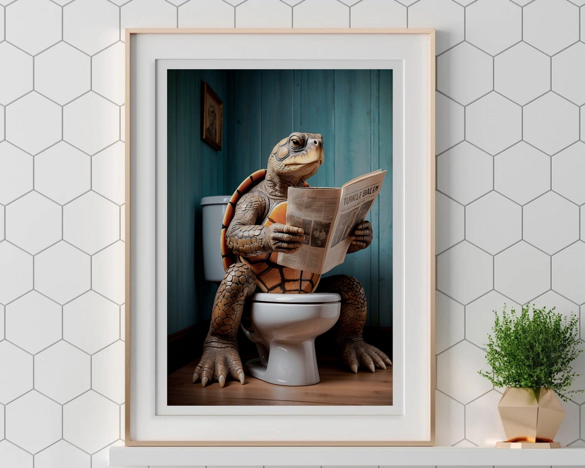 Patient Turtle Reading A Newspaper On The Toilet Funny Poster - Image 5