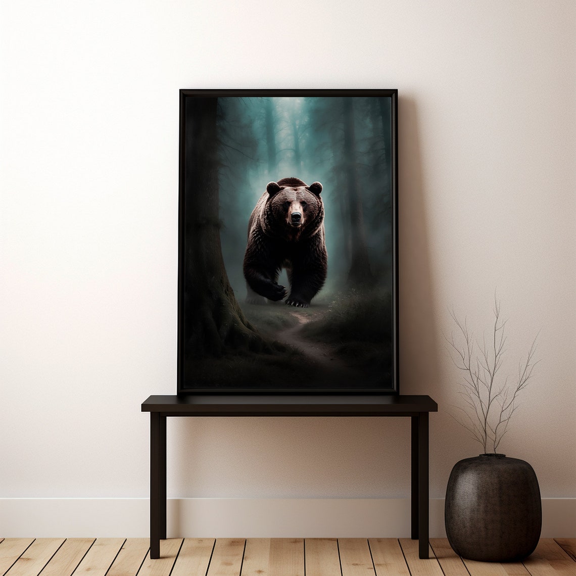 Brown Bear Charging Through a Misty Dark Forest Wildlife Wall Art - Image 4