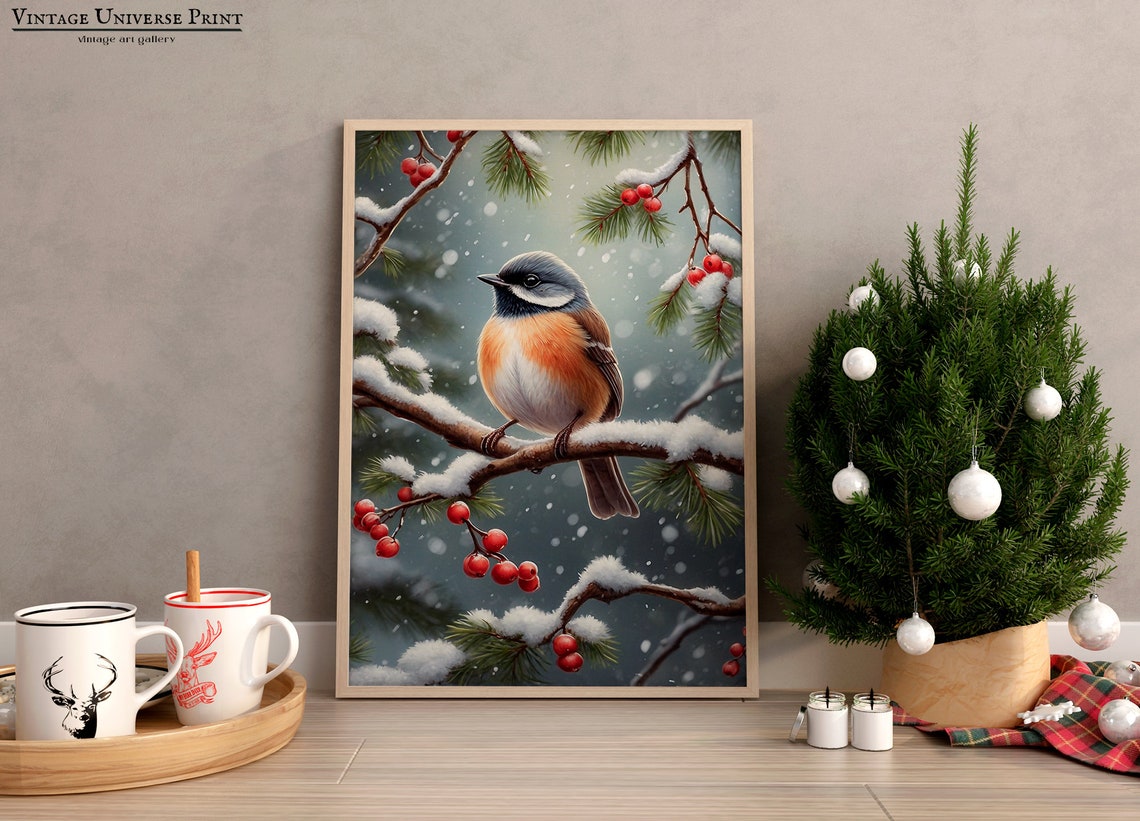 Orange Breasted Songbird On A Snowy Branch With Red Berries Print - Image 3