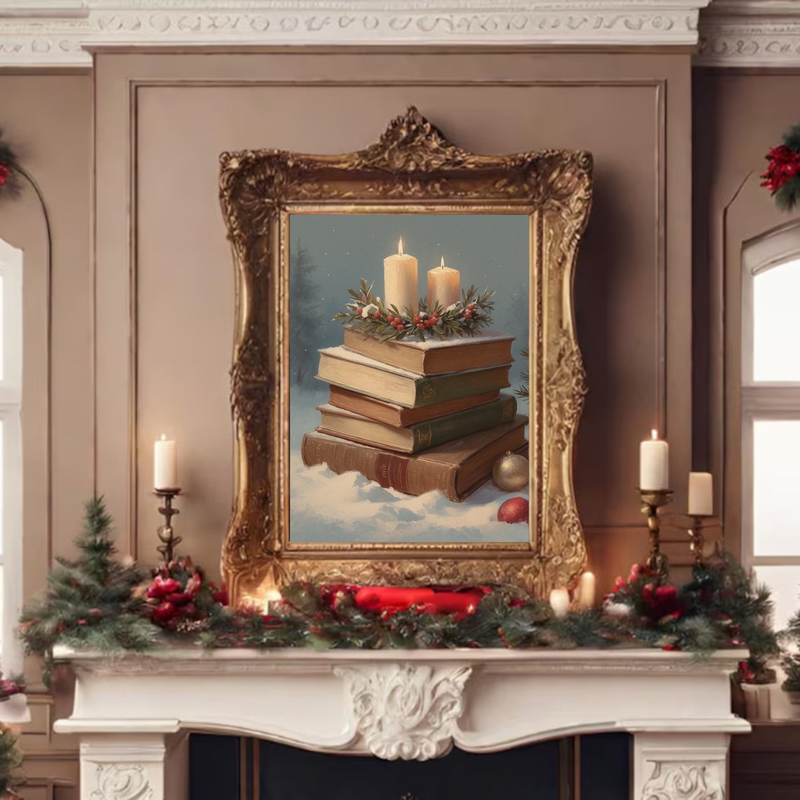 Christmas Books Painting Vintage Winter Print Book Art Still Life Christmas Decor Winter Oil Painting Cottage Holiday Decor - Image 3