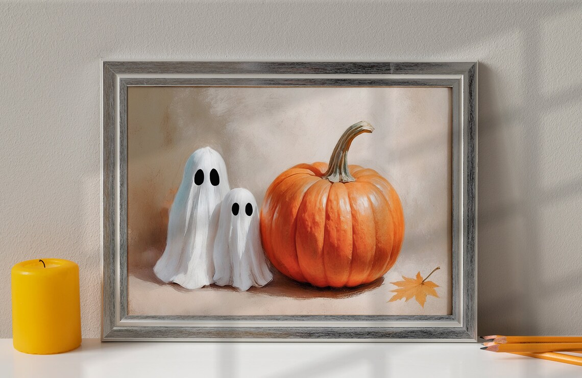 Two Cute Ghosts Posing With A Giant Orange Pumpkin Minimalist Fall Painting Poster - Image 3
