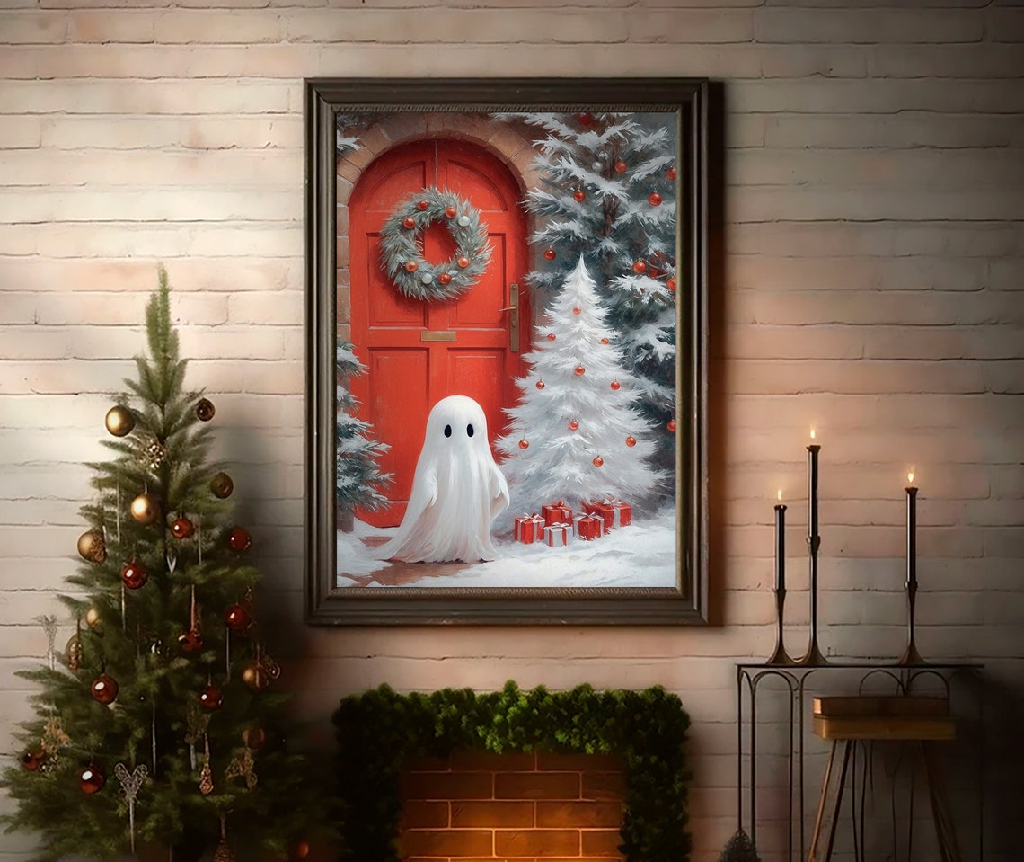 Ghost by Red Door with Christmas Wreath and Tree Holiday Print - Image 4