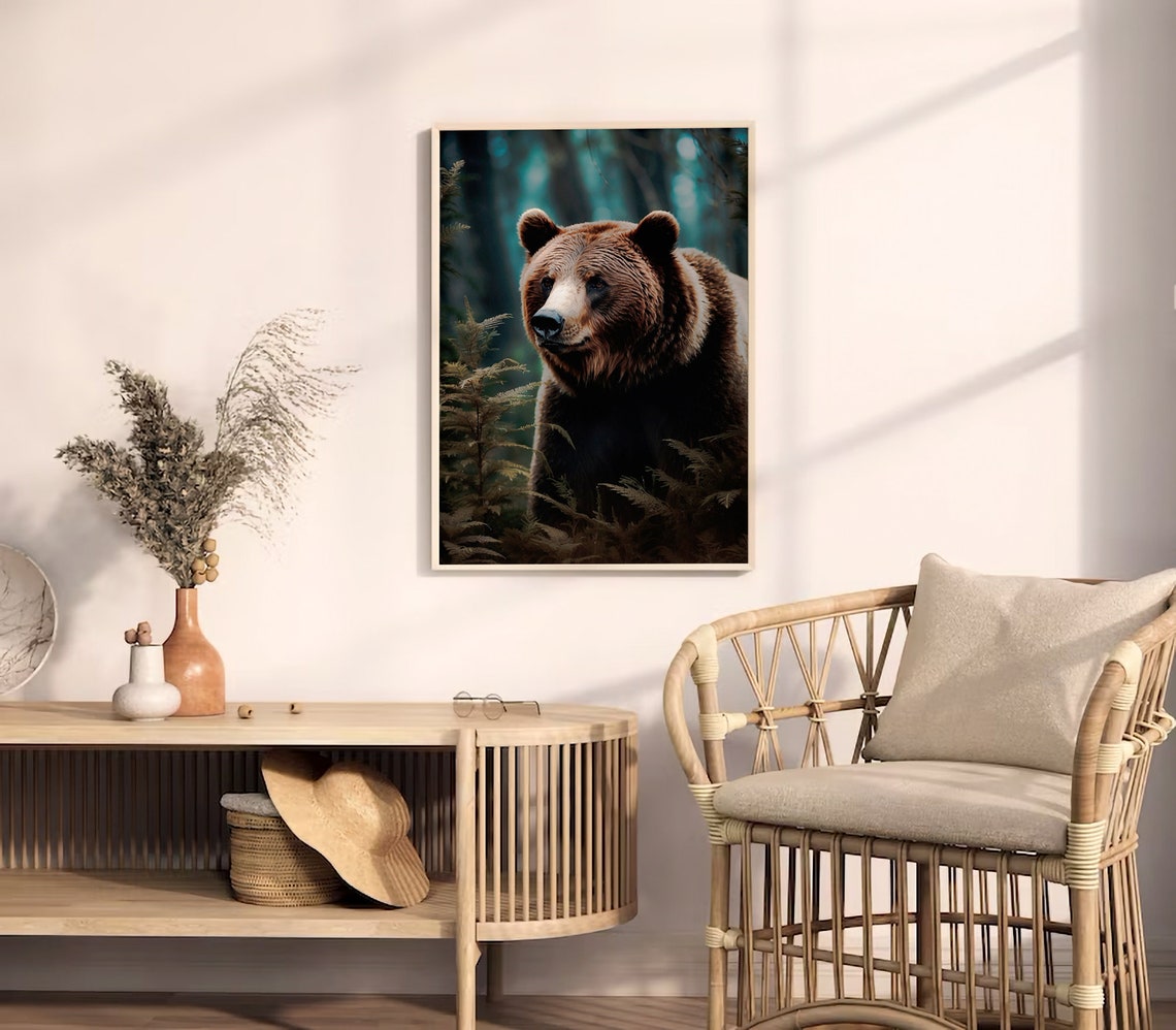 Brown Bear Portrait in a Fern-Filled Misty Forest Wildlife Wall Art - Image 2