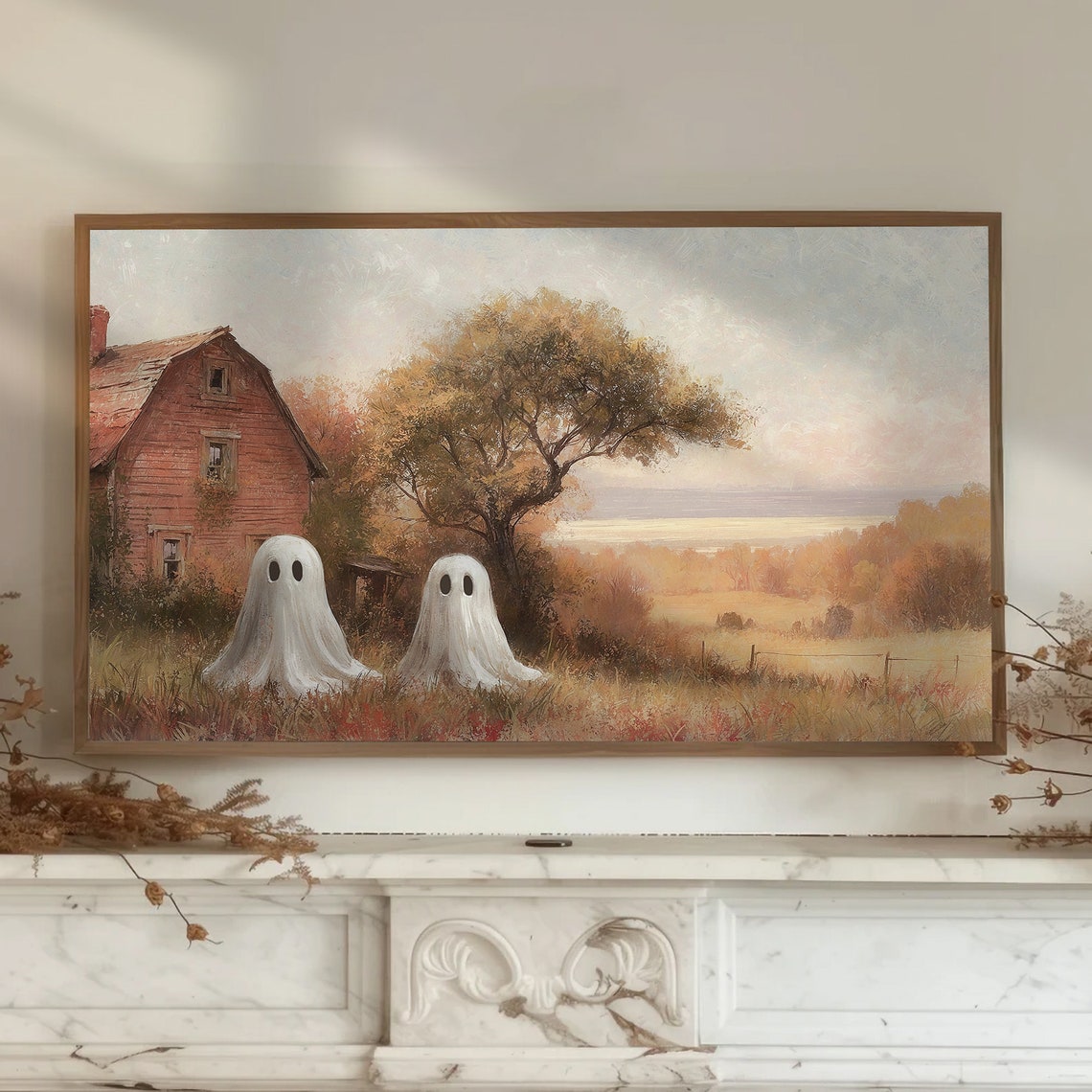 Two Ghosts By Rustic Red Barn Autumn Field Vintage Halloween Poster - Image 3