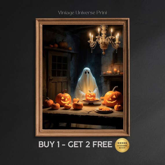 Ghost Behind A Table Of Jack O Lanterns And Pumpkin Pie In A Stone Cottage Print