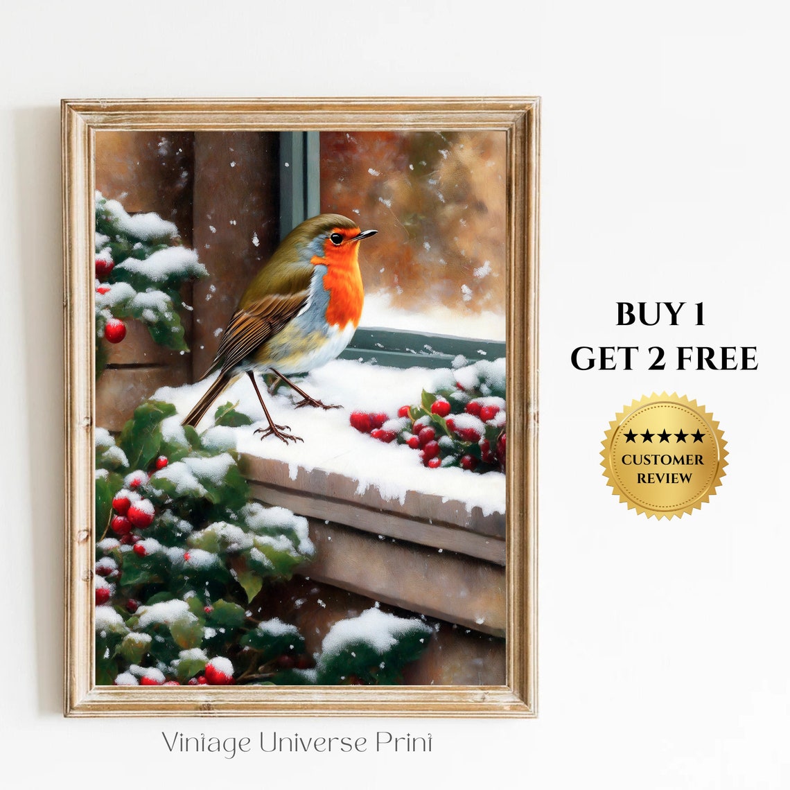 Robin Snowy Windowsill Red Berries Winter Bird Portrait Poster