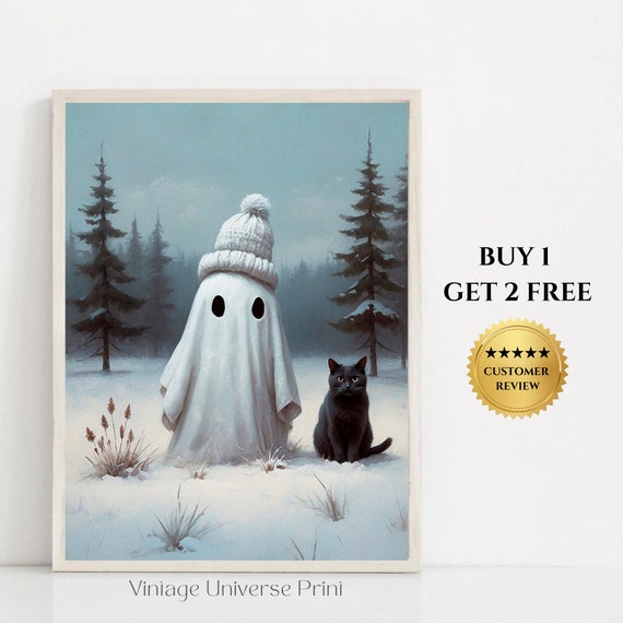 Cute Ghost And Black Cat In The Winter Forest Painting Snowy Trees Landscape Print Christmas Vintage Wall Decor Holiday Season Print 28