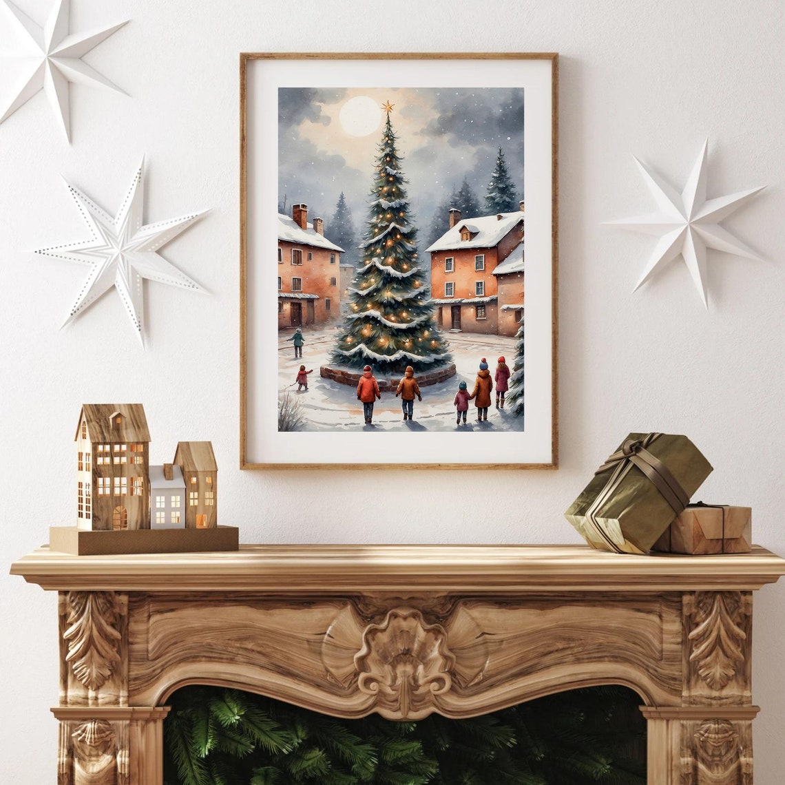 Snowy Christmas Village With Lit Tree And Children In Winter Wall Art - Image 2