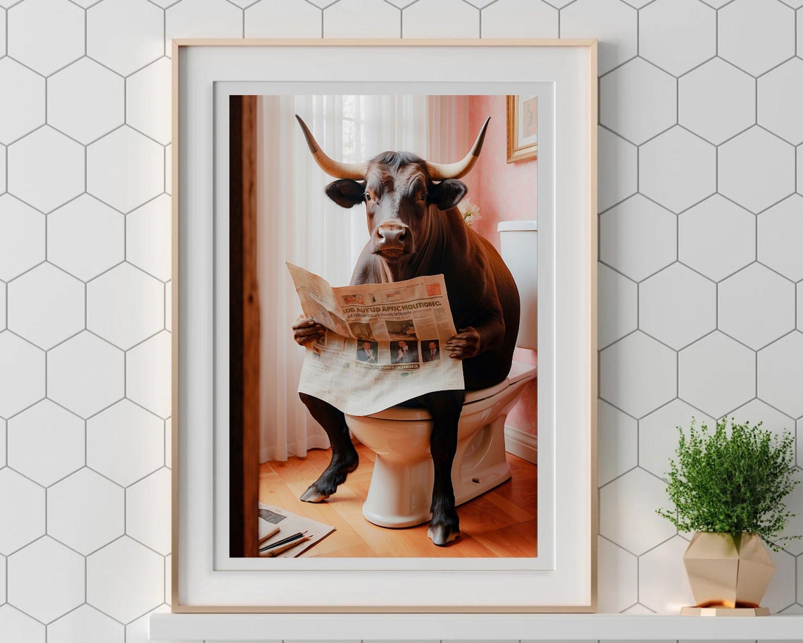 Longhorn Bull Reading Newspaper On Toilet Funny Animal Poster - Image 5