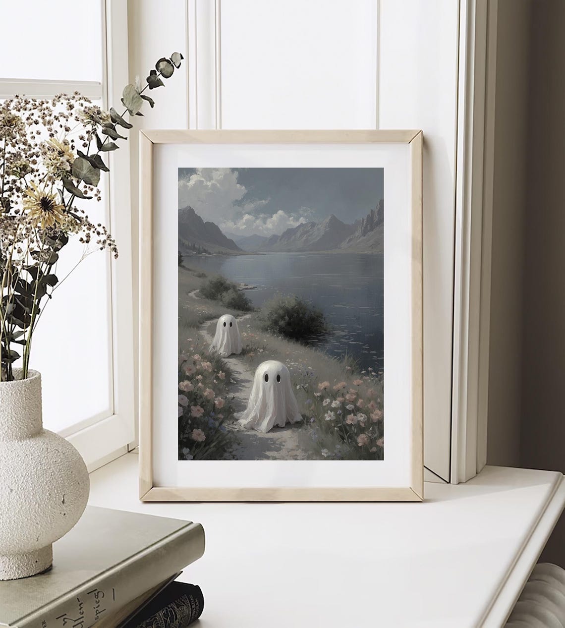 Two Ghosts Walking By A Mountain Lake Cute Spooky Halloween Poster - Image 5