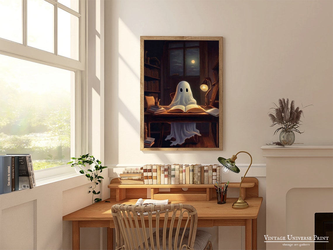 Ghost Reading Book Cozy Desk Lamp Dark Library Night Owl Poster - Image 2