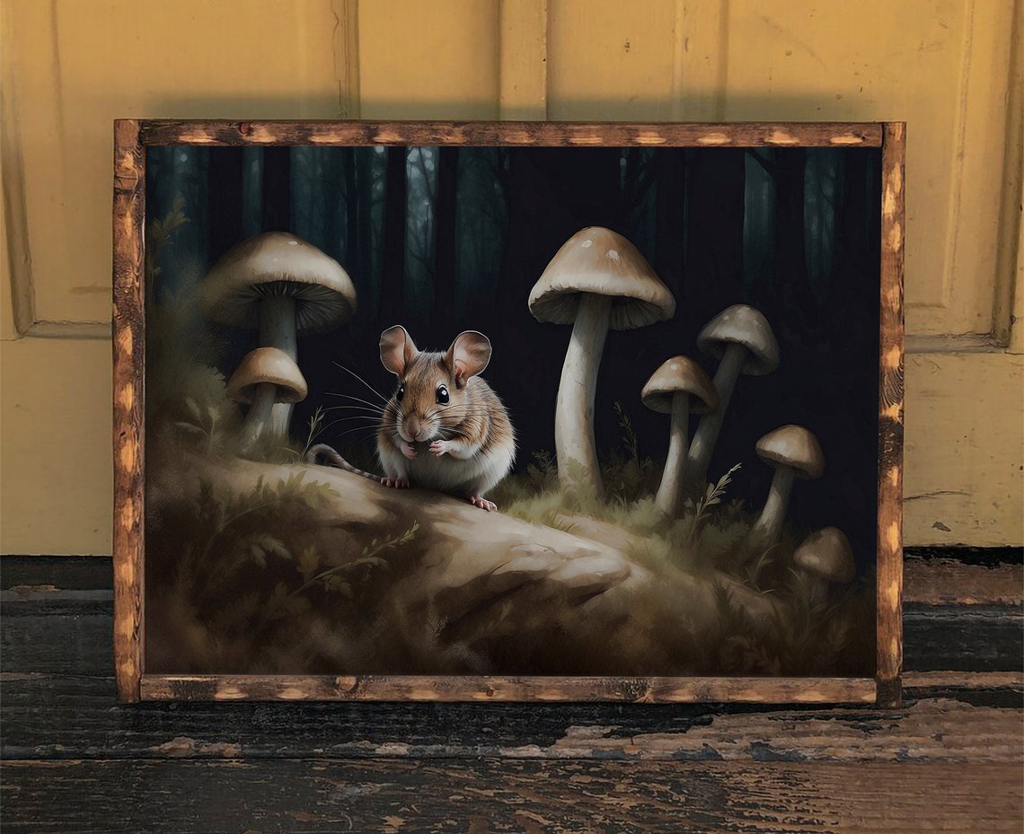 Tiny Mouse Among Giant Mushrooms in a Dark Forest Night Poster - Image 4