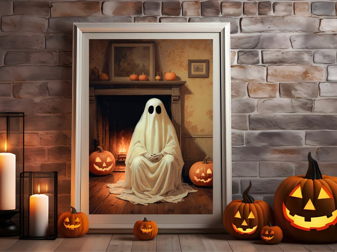 Ghost Sitting By A Glowing Fireplace Surrounded By Jack O Lanterns Art Print - Image 4