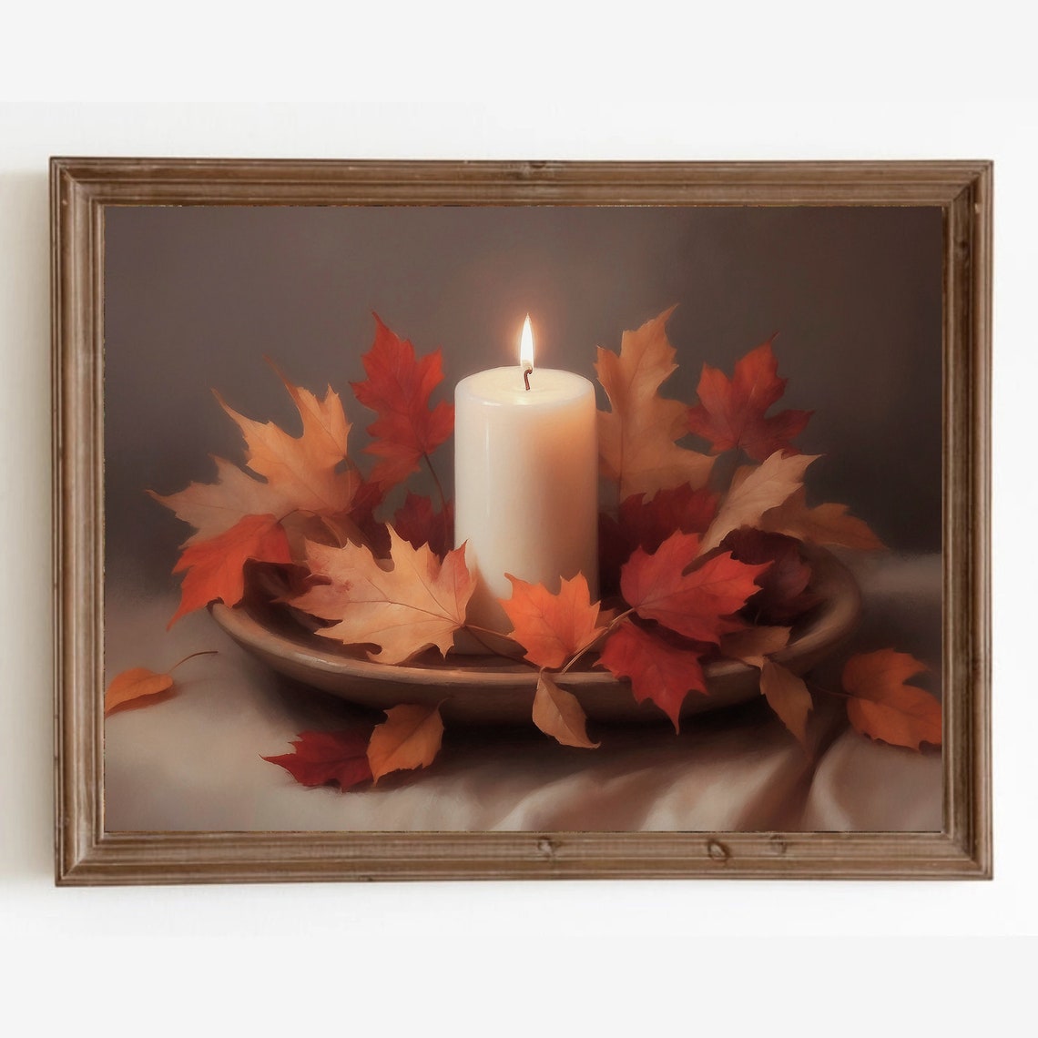 Lit Candle With Red Fall Leaves Still Life Autumn Home Decor Poster - Image 3