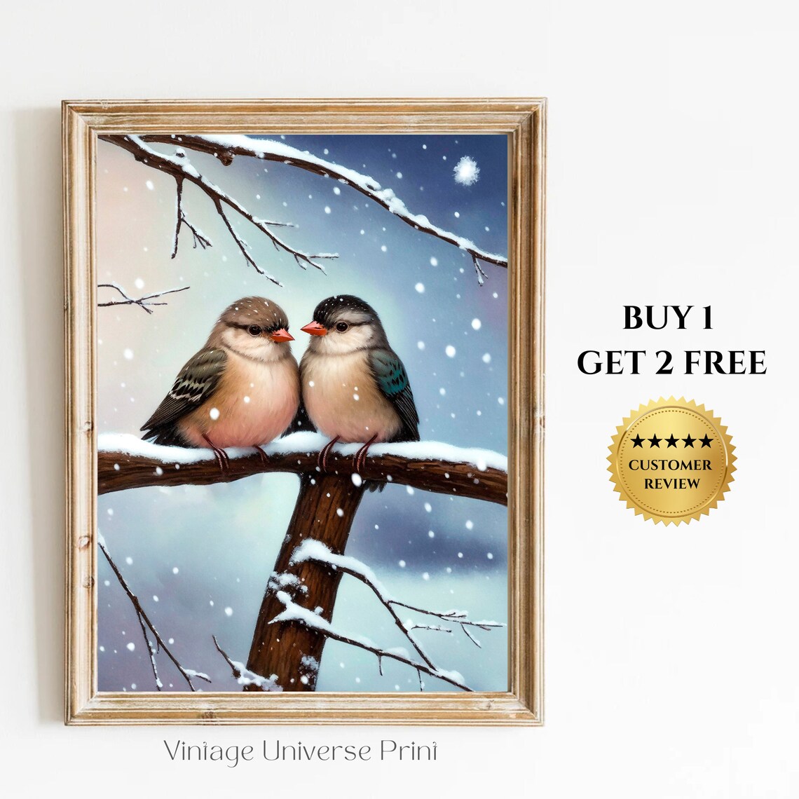 Two Birds on Snowy Branch Winter Vintage Oil Painting Poster