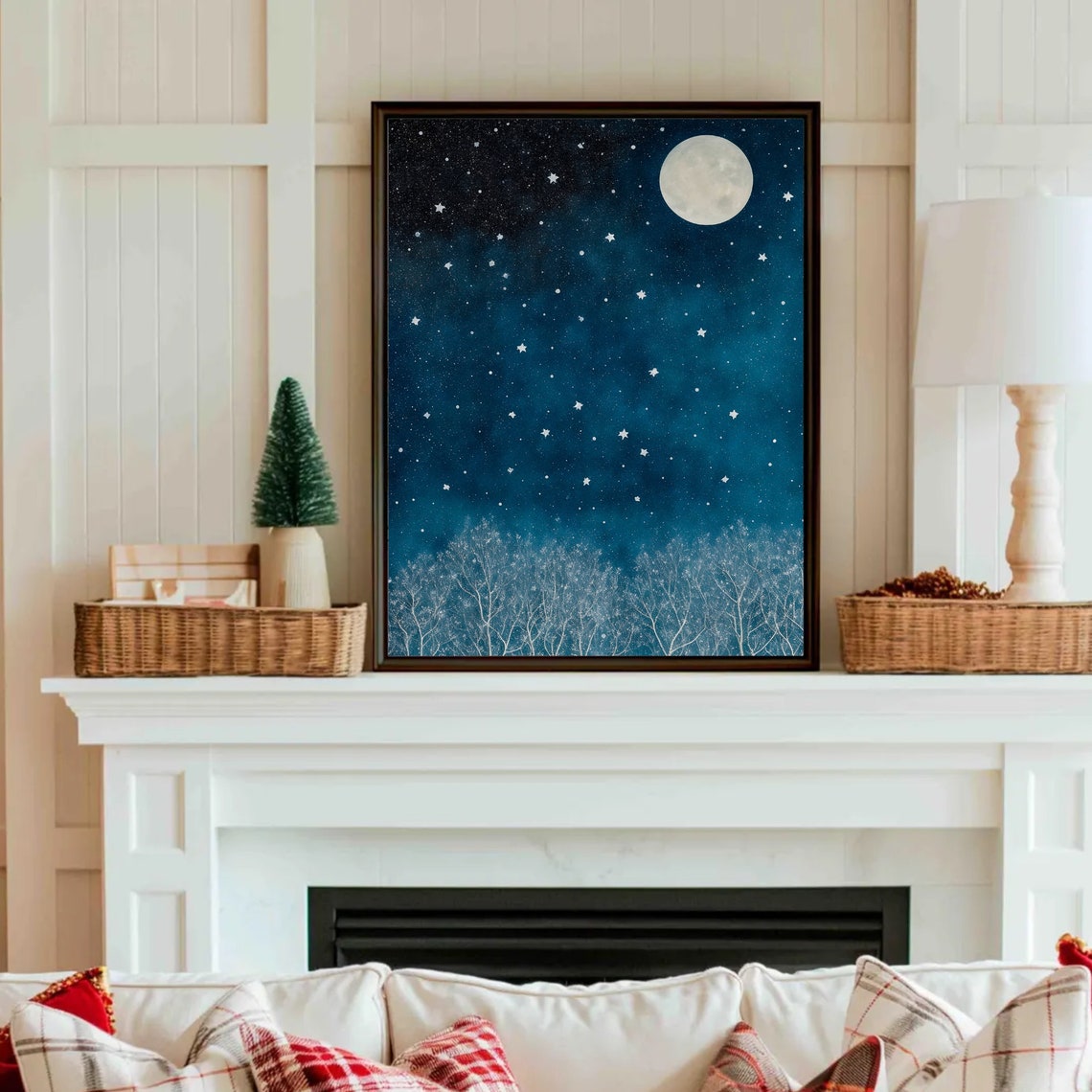 Starry Night Sky with Full Moon Over Snowy Frosted Forest Poster - Image 3
