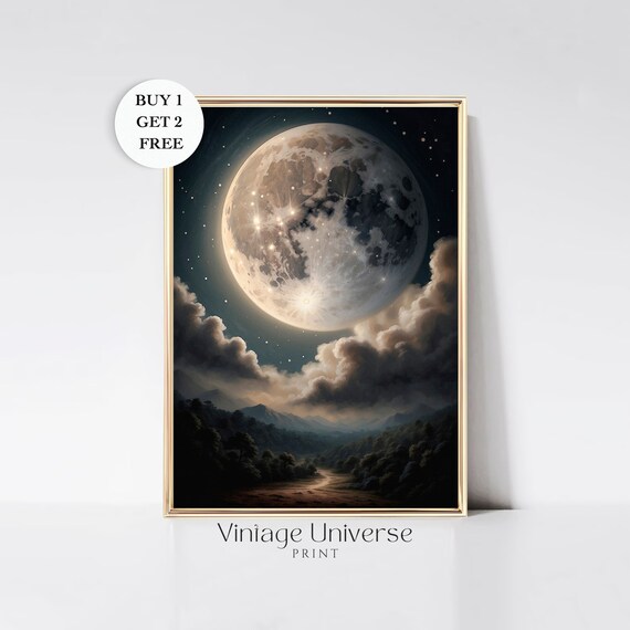 Giant Full Moon Over Mountains with Clouds and a Moonlit Valley Poster