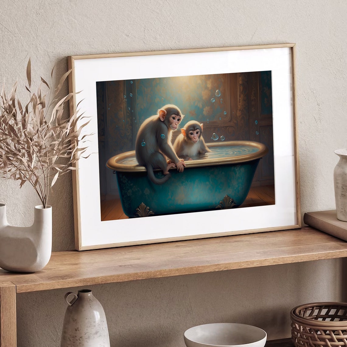 Playful Baby Monkeys Sharing A Bubble Bath In Teal Tub Poster - Image 2