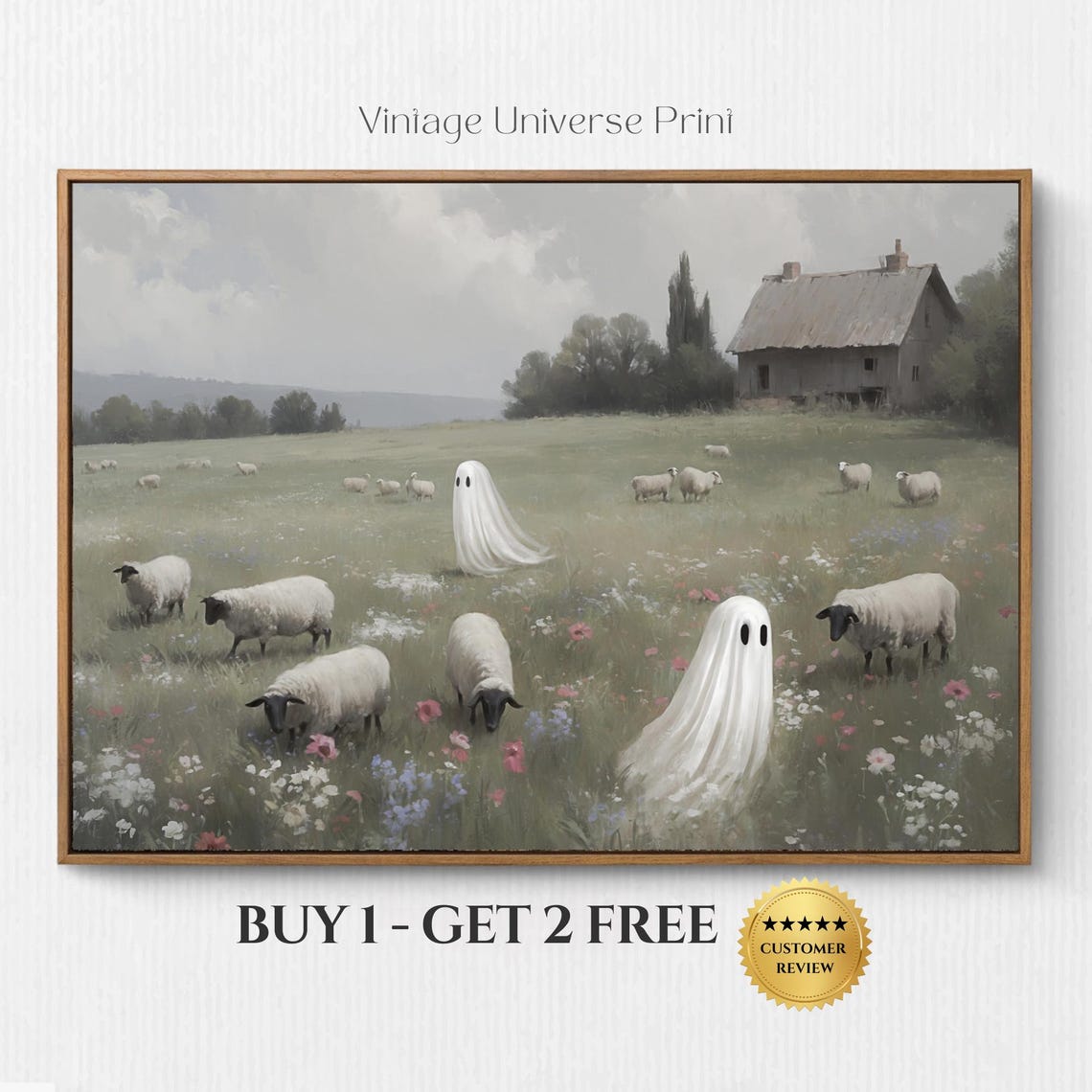 Two Ghosts With Sheep In Flower Meadow Cute Halloween Poster