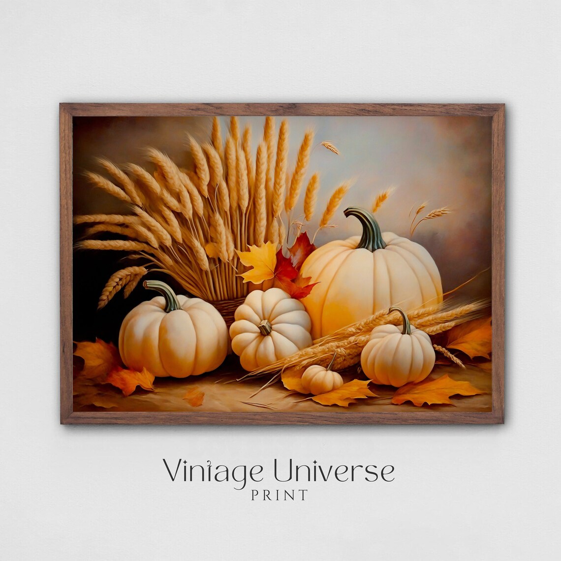 White Pumpkins And Wheat Sheaf Autumn Still Life Painting Wall Art - Image 5