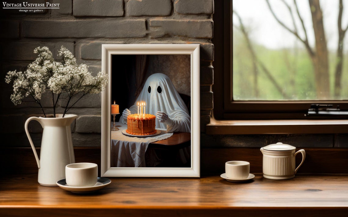 Ghost Celebrating with a Candle Lit Birthday Cake Sweet Party Poster - Image 3