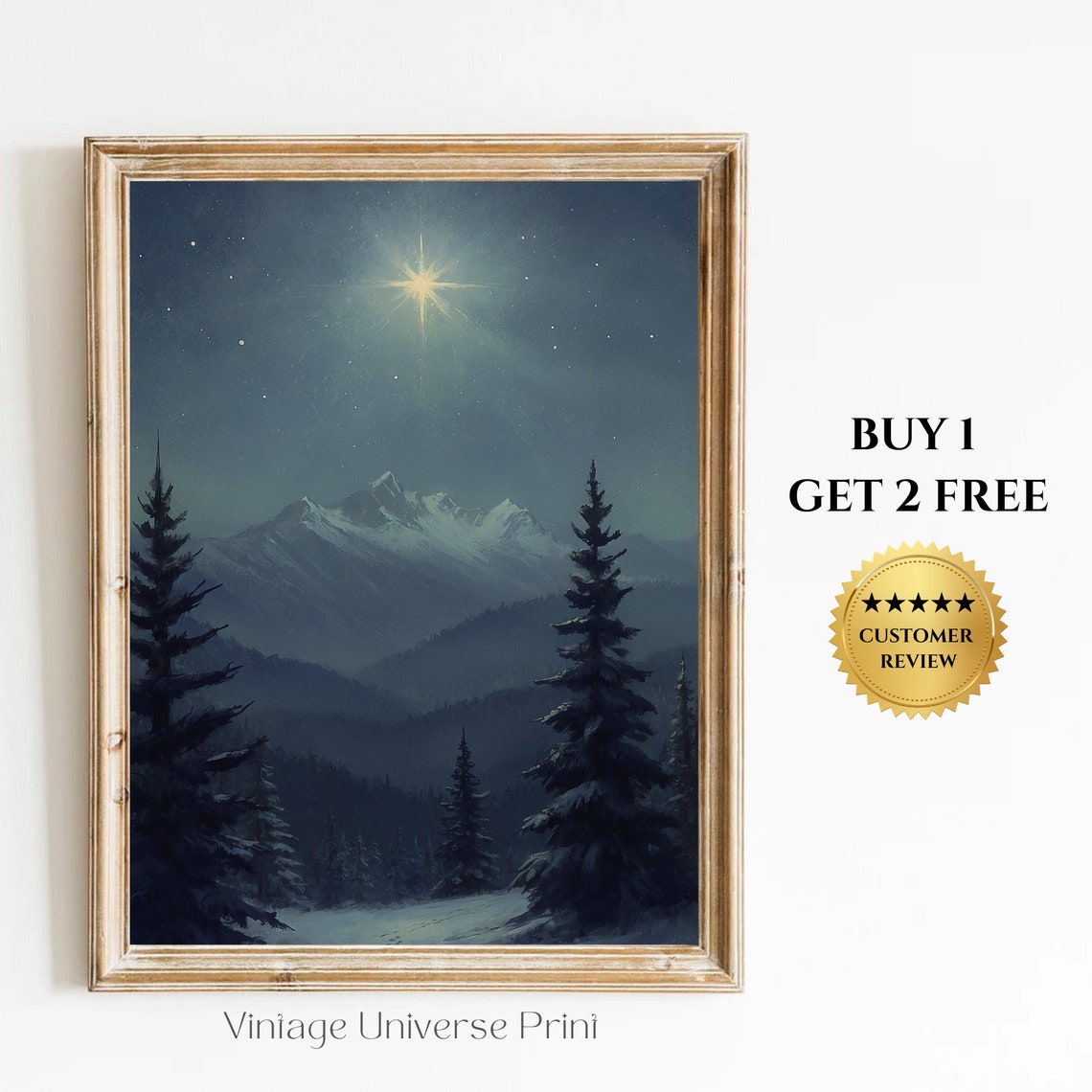 Snowy Mountain Night Bright Star Pine Forest Christmas Poster
