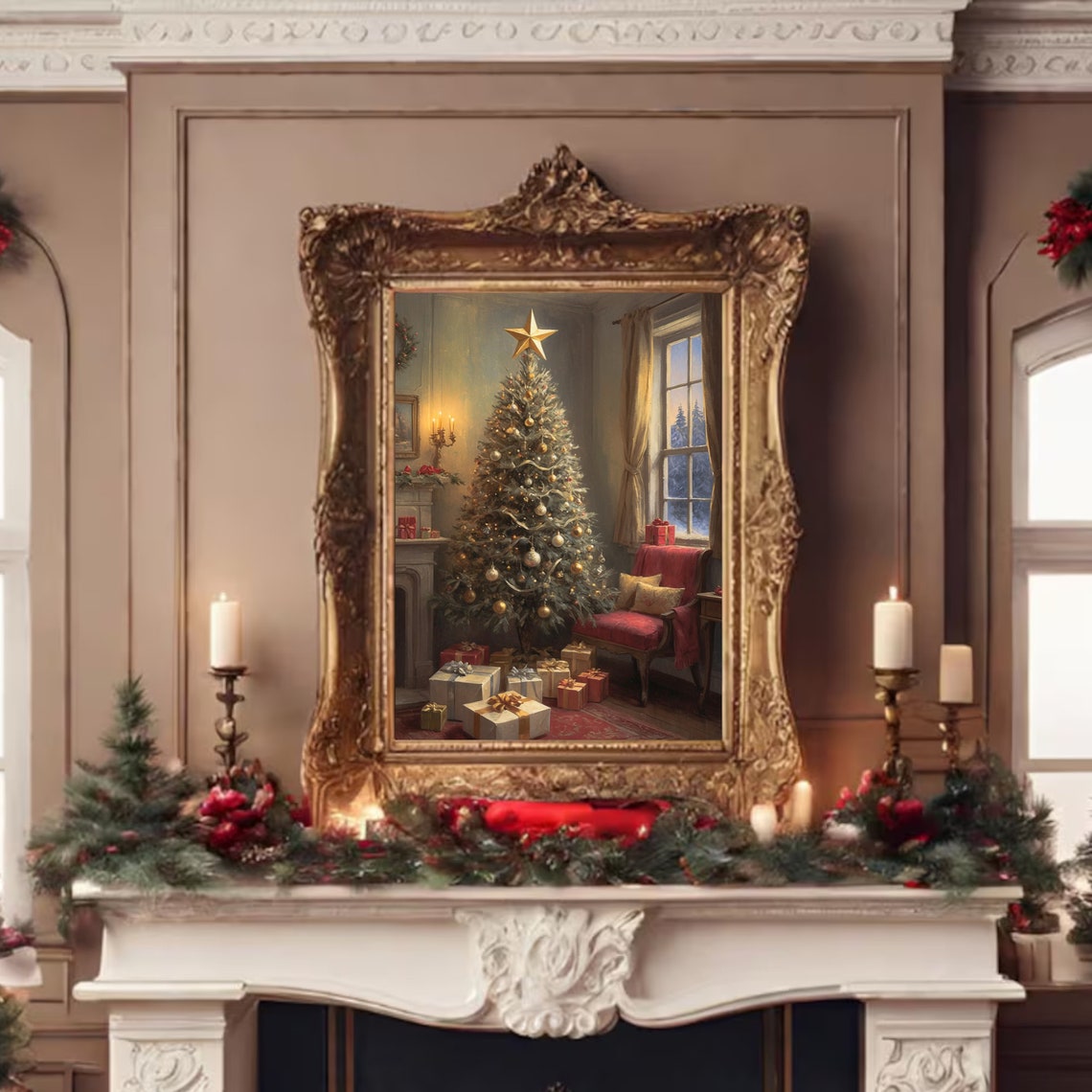 Cozy Christmas Tree Print Christmas Living Room Painting Festive Winter Art Christmas Morning Christmas Cabin Print Holiday Art - Image 3