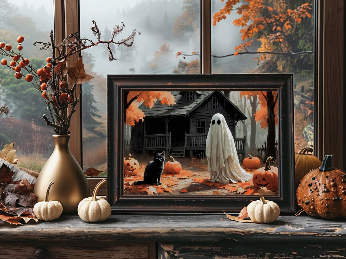 Ghost And Black Cat At A Haunted Autumn Cabin With Jack O Lanterns Art Print - Image 3