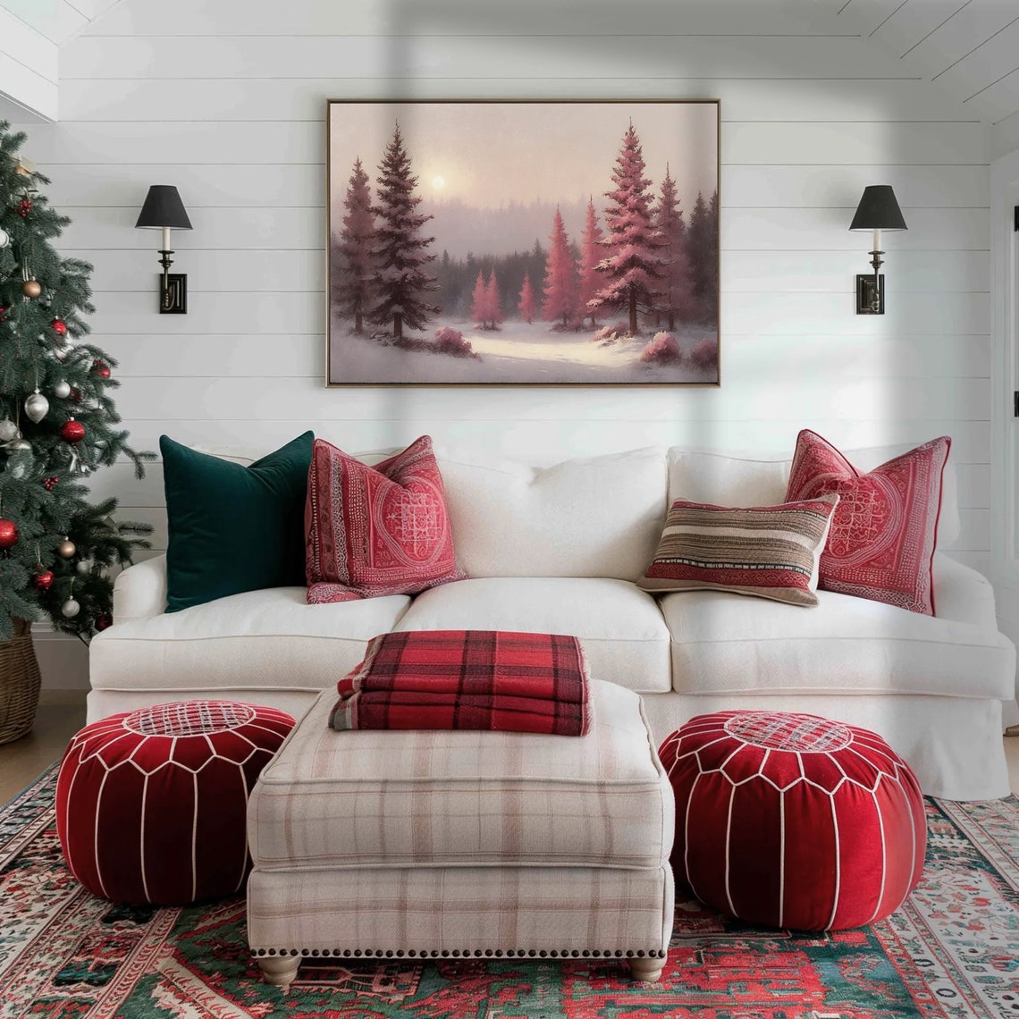Snowy Pine Forest Winter Landscape Pink Sunset Evening Wall Art - Image 2