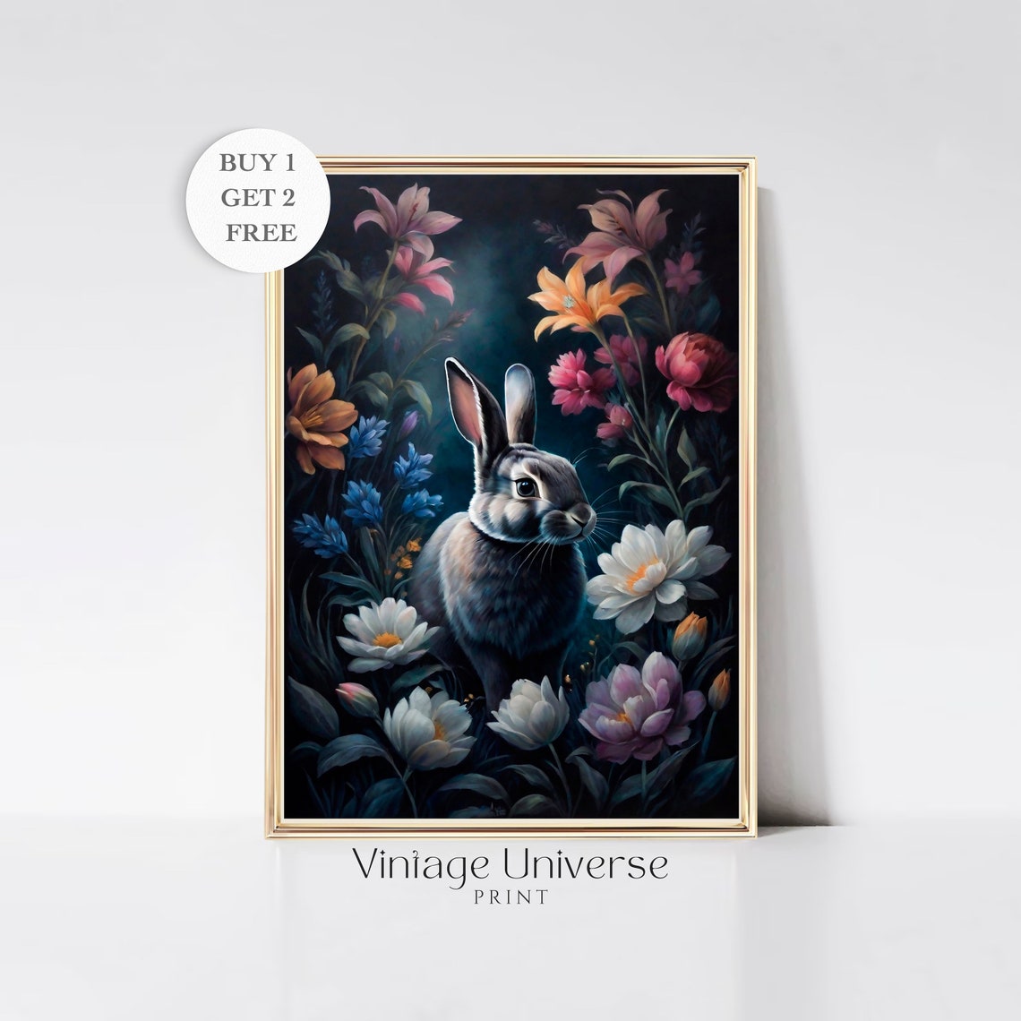 Grey Rabbit Colorful Blooms Moody Floral Night Garden Poster