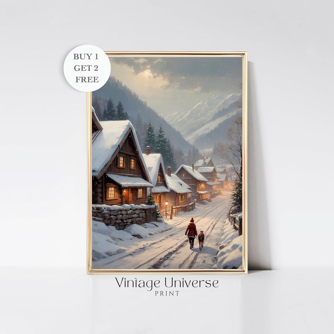 Snowy Mountain Village Walk With Dog Vintage Winter Evening Poster