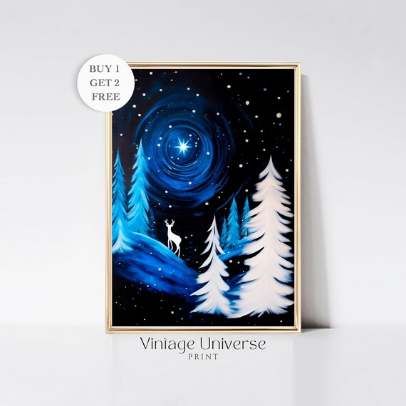 Starry Night Snowy Pines White Deer Glowing Star Winter Poster