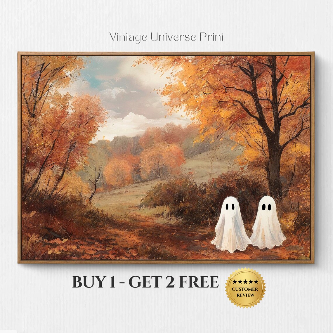 Two Cute Ghosts Strolling A Moody Autumn Forest Trail Vintage Painting Wall Art