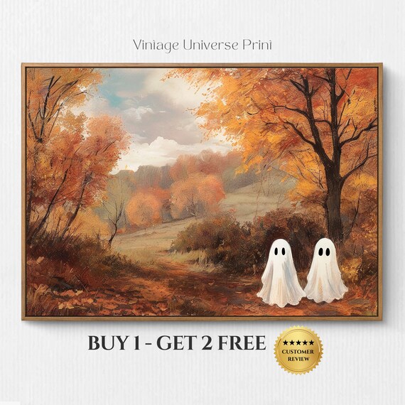 Two Cute Ghosts Strolling A Moody Autumn Forest Trail Vintage Painting Wall Art