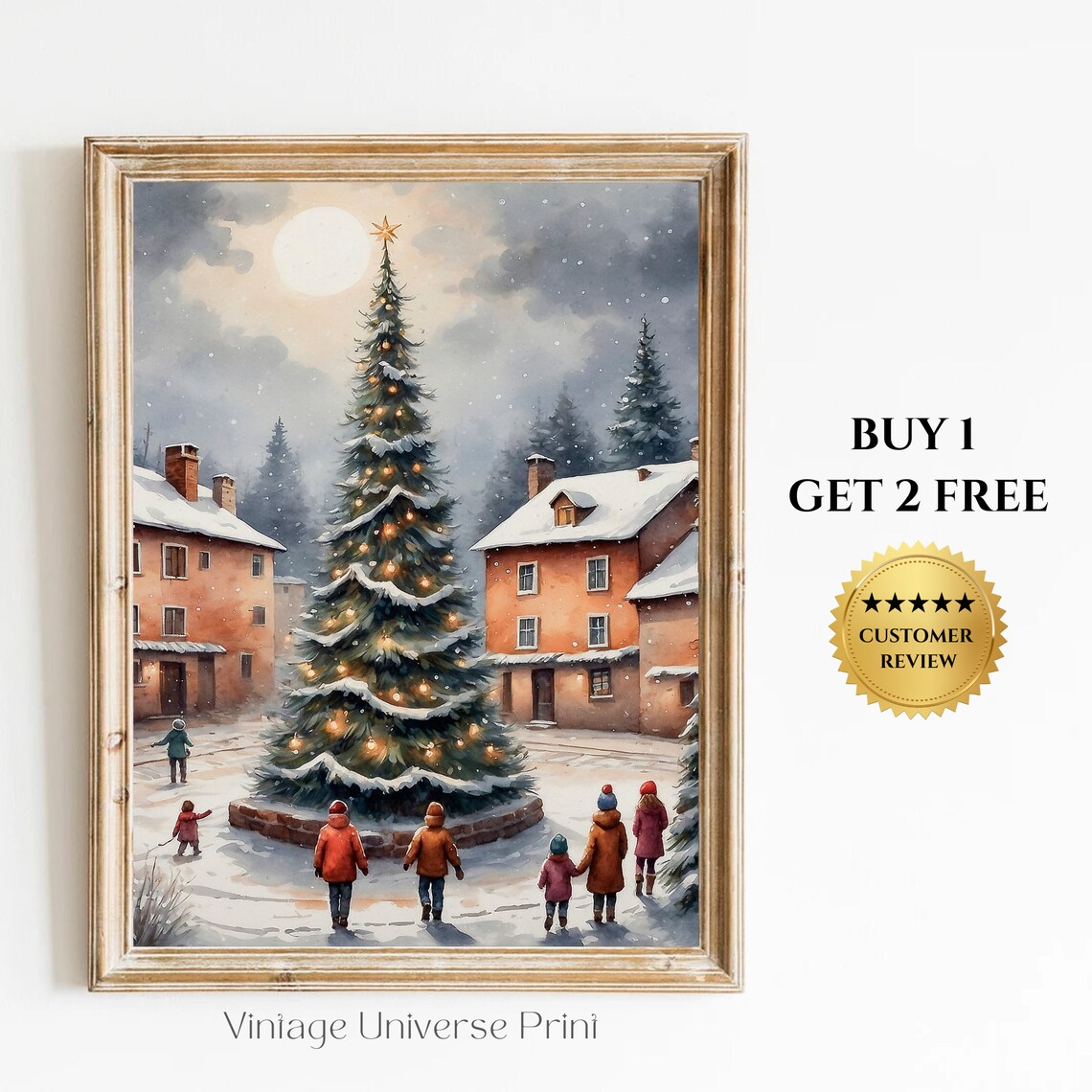 Snowy Christmas Village With Lit Tree And Children In Winter Wall Art