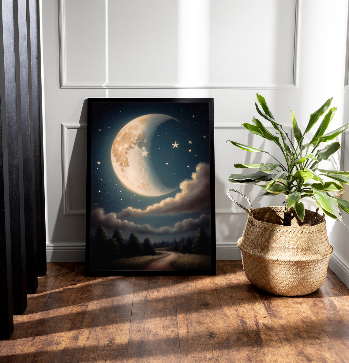 Crescent Moon and Stars Over a Dark Forest Path Night Sky Art Print - Image 2