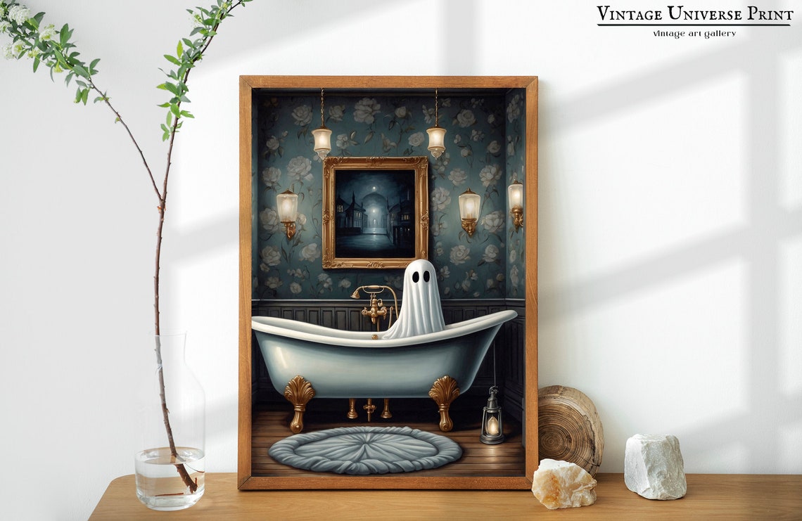 Cute Ghost Relaxing In A Vintage Bathtub Elegant Spooky Poster - Image 4