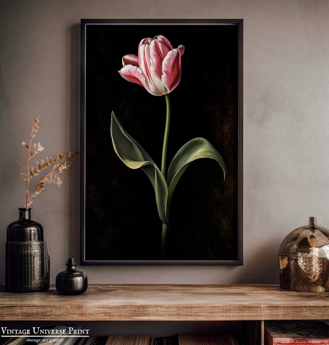 Pink Tulip Single Stem on Dark Ground Vintage Botanical Poster - Image 2