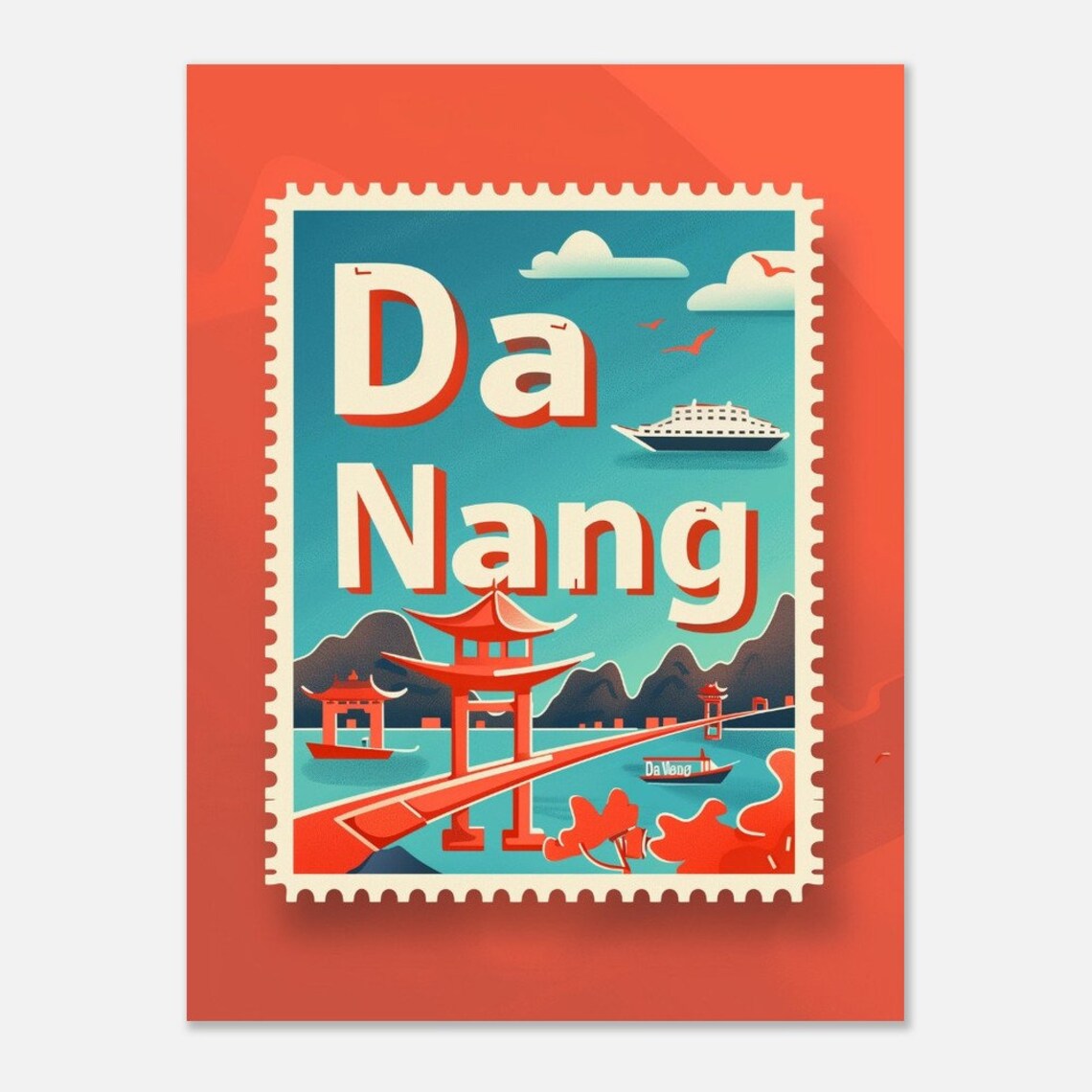 Da Nang Vietnam Pagoda Pier Cruise Vintage Travel Stamp Poster - Image 2