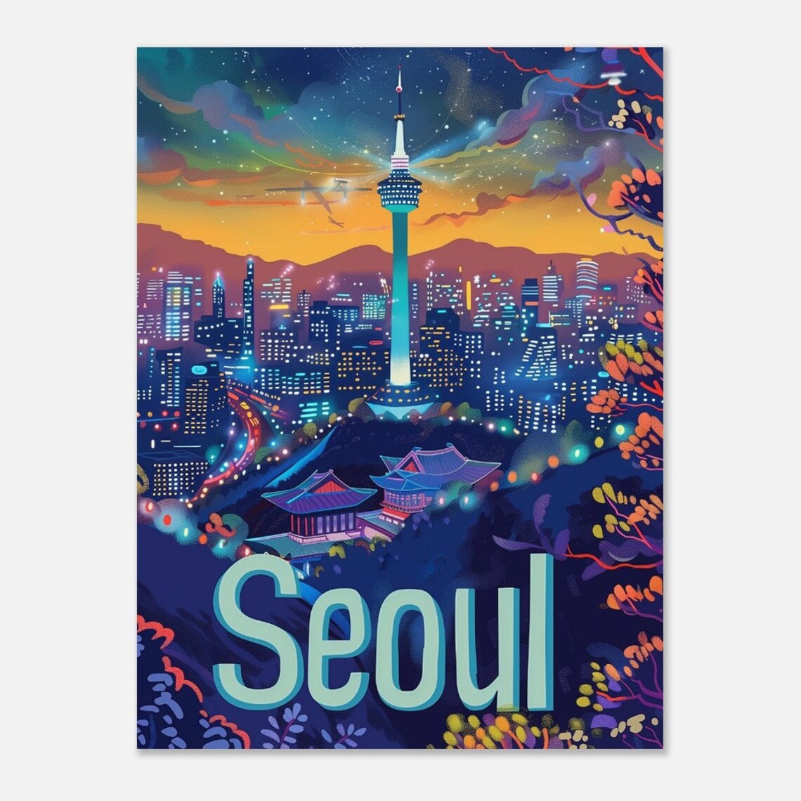 Seoul N Seoul Tower Night City Lights South Korea Travel Poster - Image 2