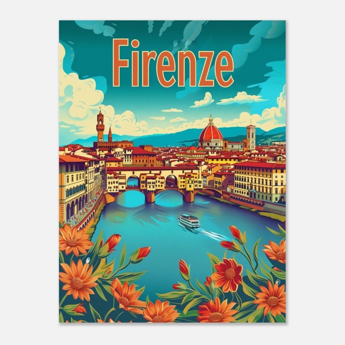 Firenze Duomo Ponte Vecchio Flowers Vintage Italy Poster Art - Image 2