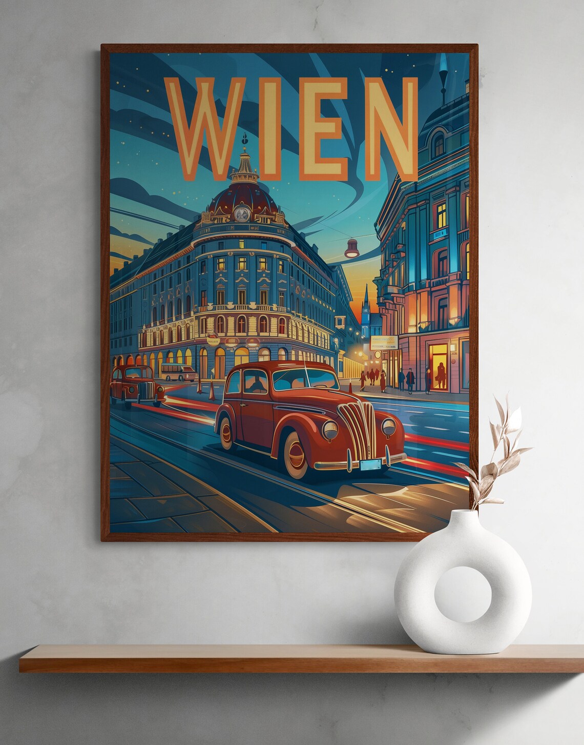 Vienna Night Street Red Vintage Cars Historic Buildings Travel Poster